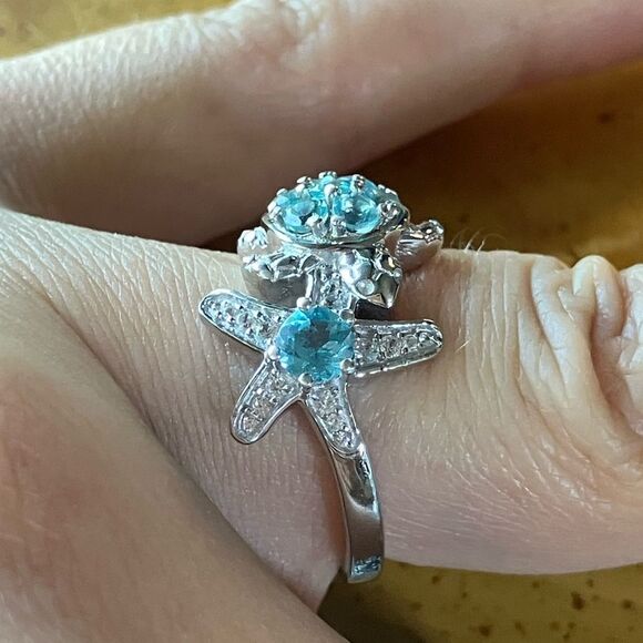 Natural Blue Apatite Starfish Turtle Ring Size 7 - Picture 3 of 9
